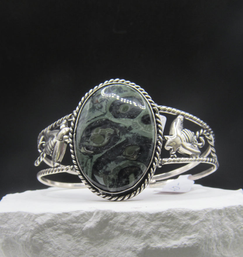 The Hive Cuff — Kambaba Jasper & Silver Bee Wrist Cuff