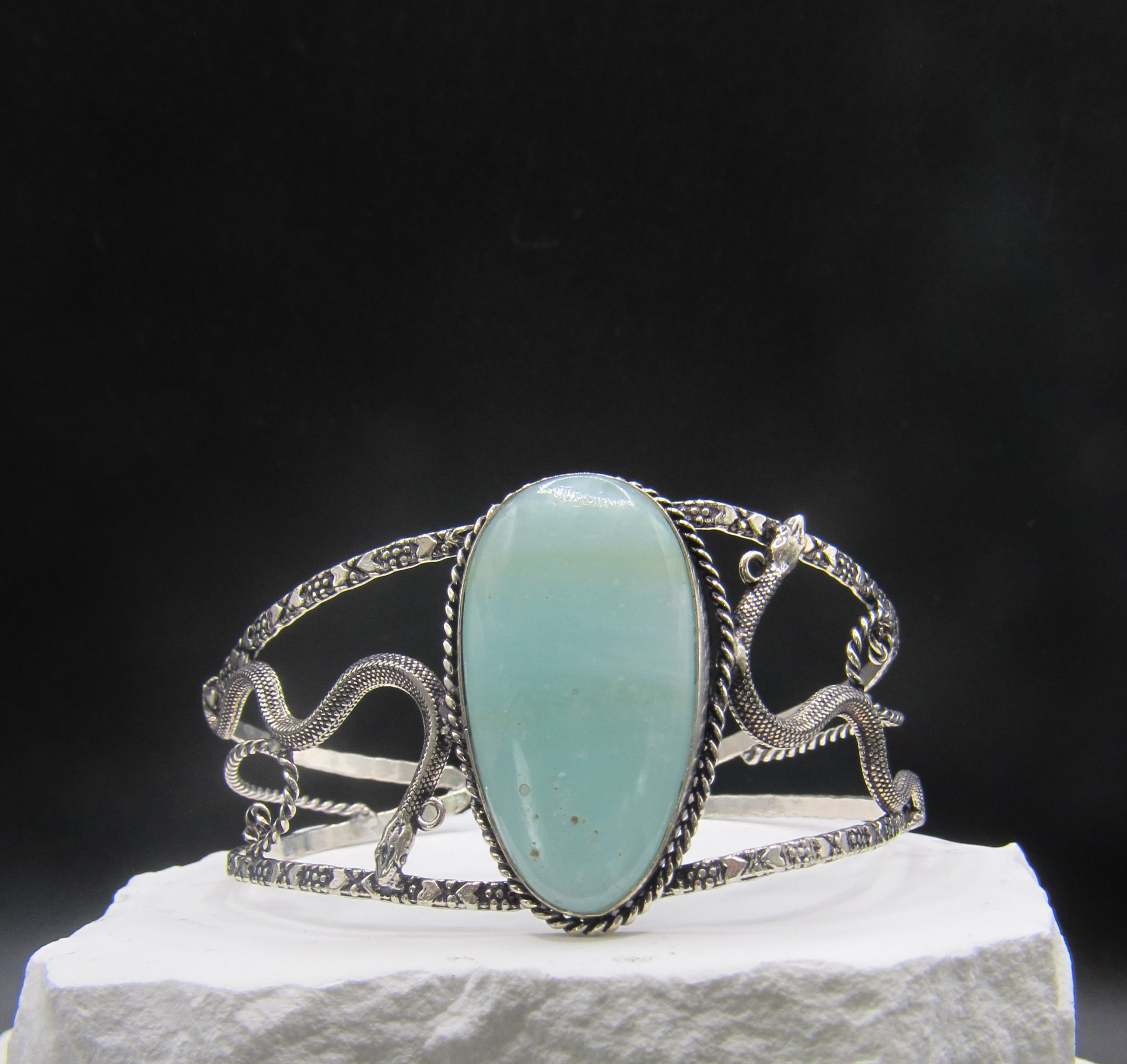 The Serpent Sea Cuff — Oval Larimar & Silver Snake Wrist Cuff