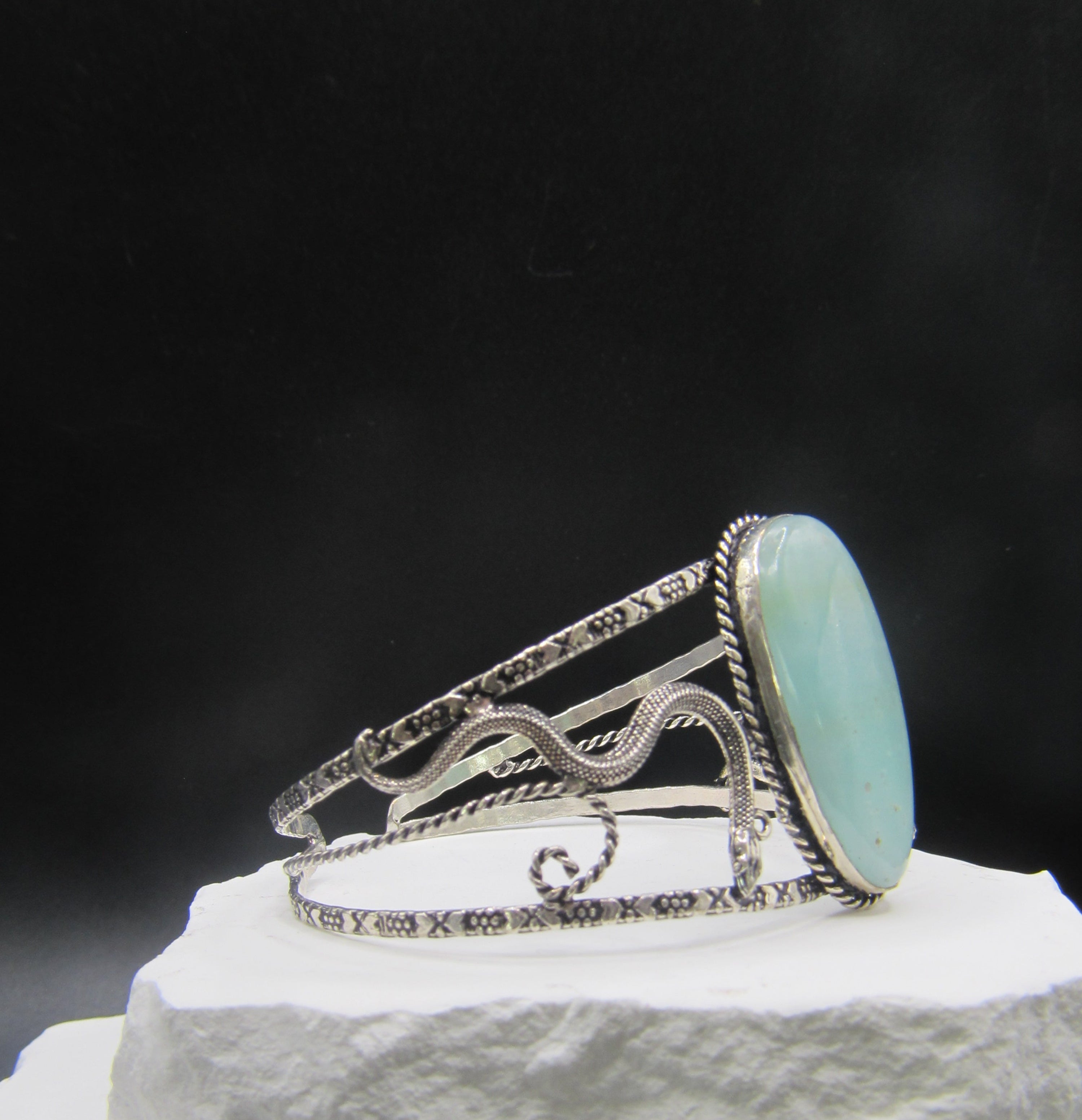 The Serpent Sea Cuff — Oval Larimar & Silver Snake Wrist Cuff