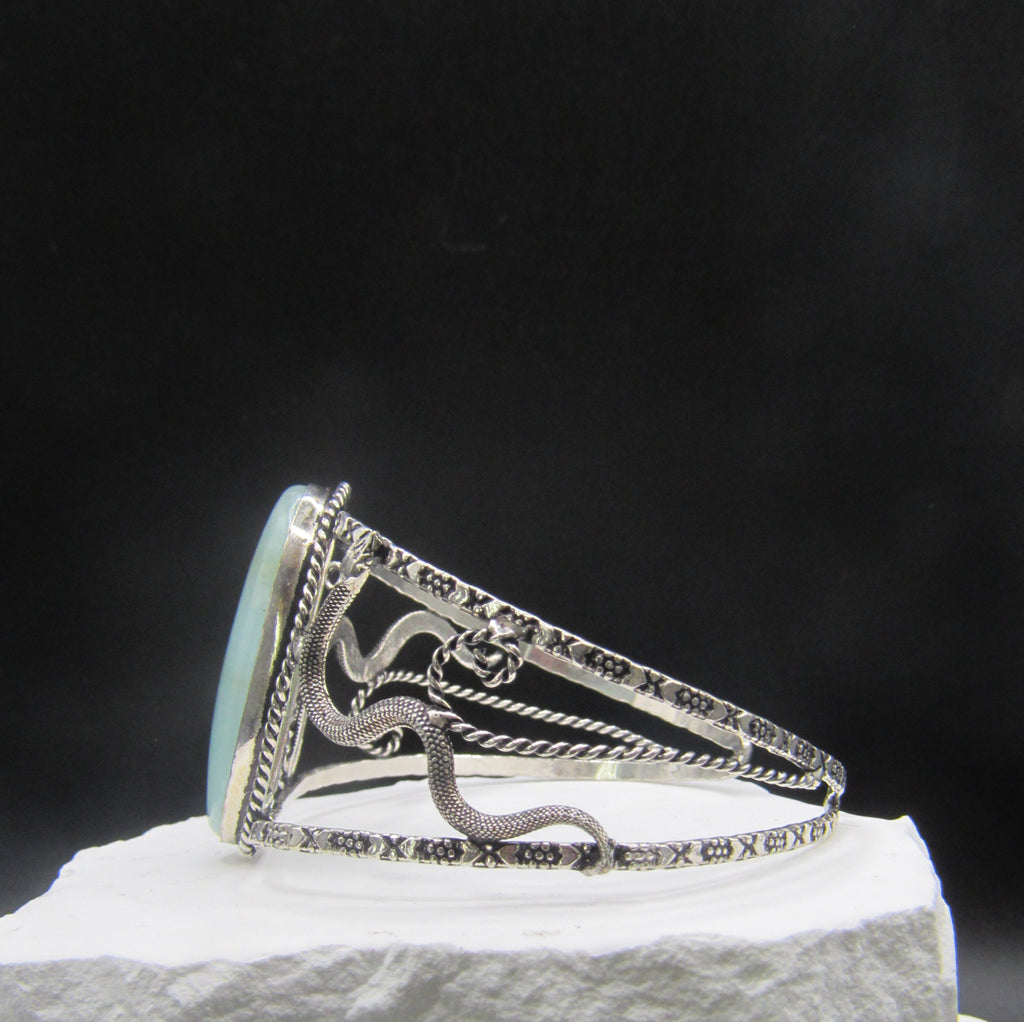 The Serpent Sea Cuff — Oval Larimar & Silver Snake Wrist Cuff