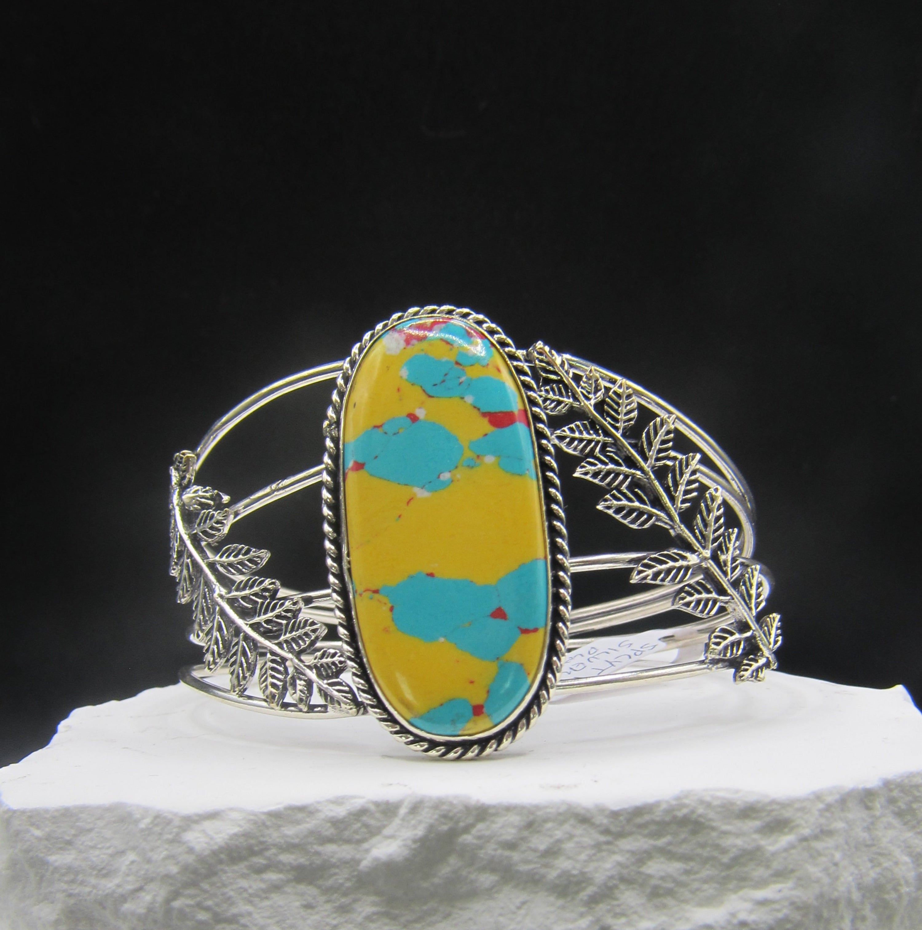 The Verdant Cuff — Yellow Turquoise & Silver Leaf Wrist Cuff