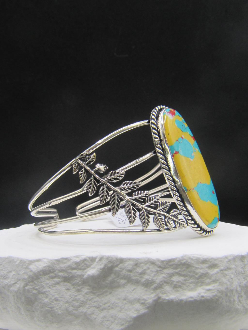 The Verdant Cuff — Yellow Turquoise & Silver Leaf Wrist Cuff