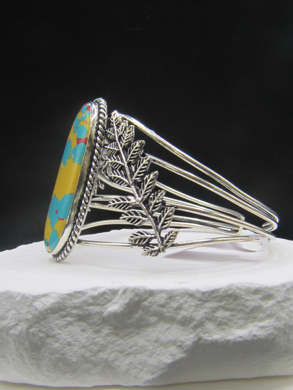 The Verdant Cuff — Yellow Turquoise & Silver Leaf Wrist Cuff