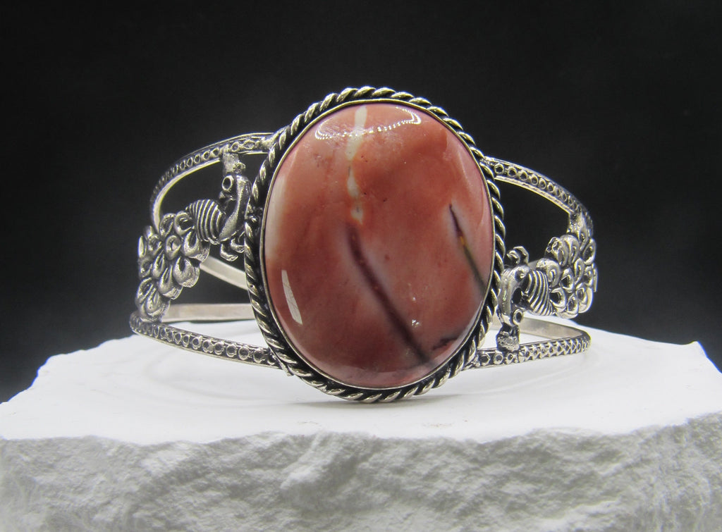 The Rose Plume Cuff — Oval Pink Opal & Silver Peacock Wrist Cuff