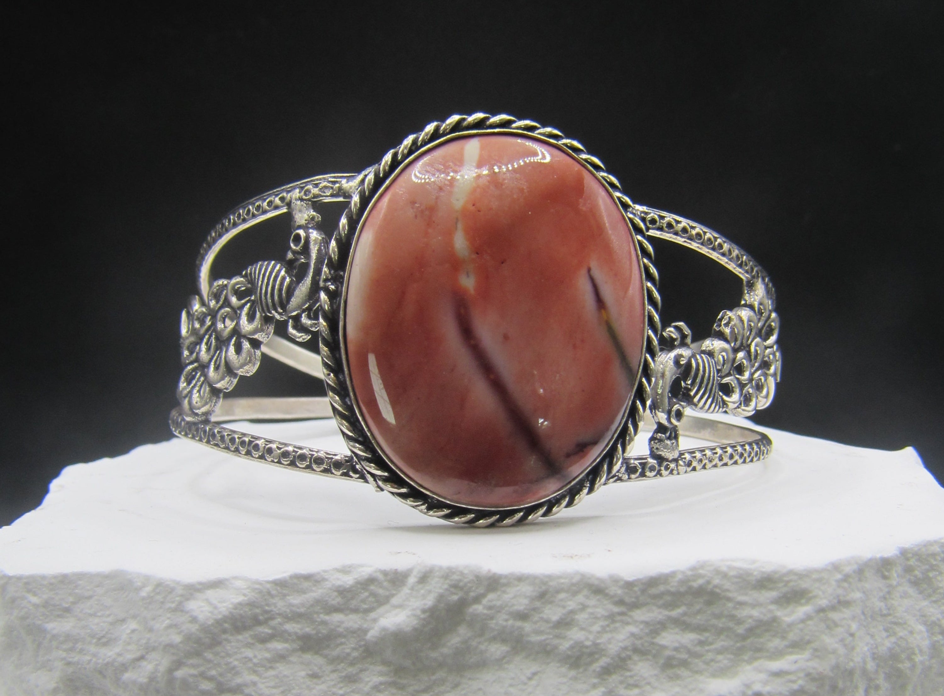 The Rose Plume Cuff — Oval Pink Opal & Silver Peacock Wrist Cuff