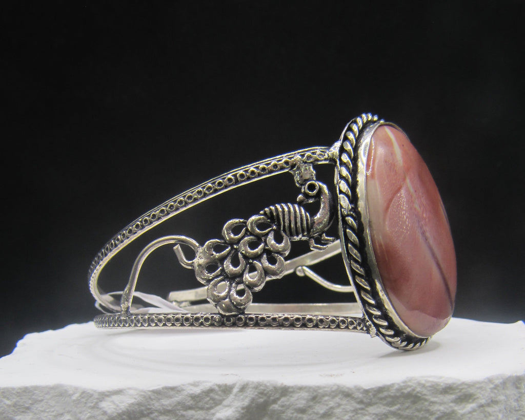 The Rose Plume Cuff — Oval Pink Opal & Silver Peacock Wrist Cuff