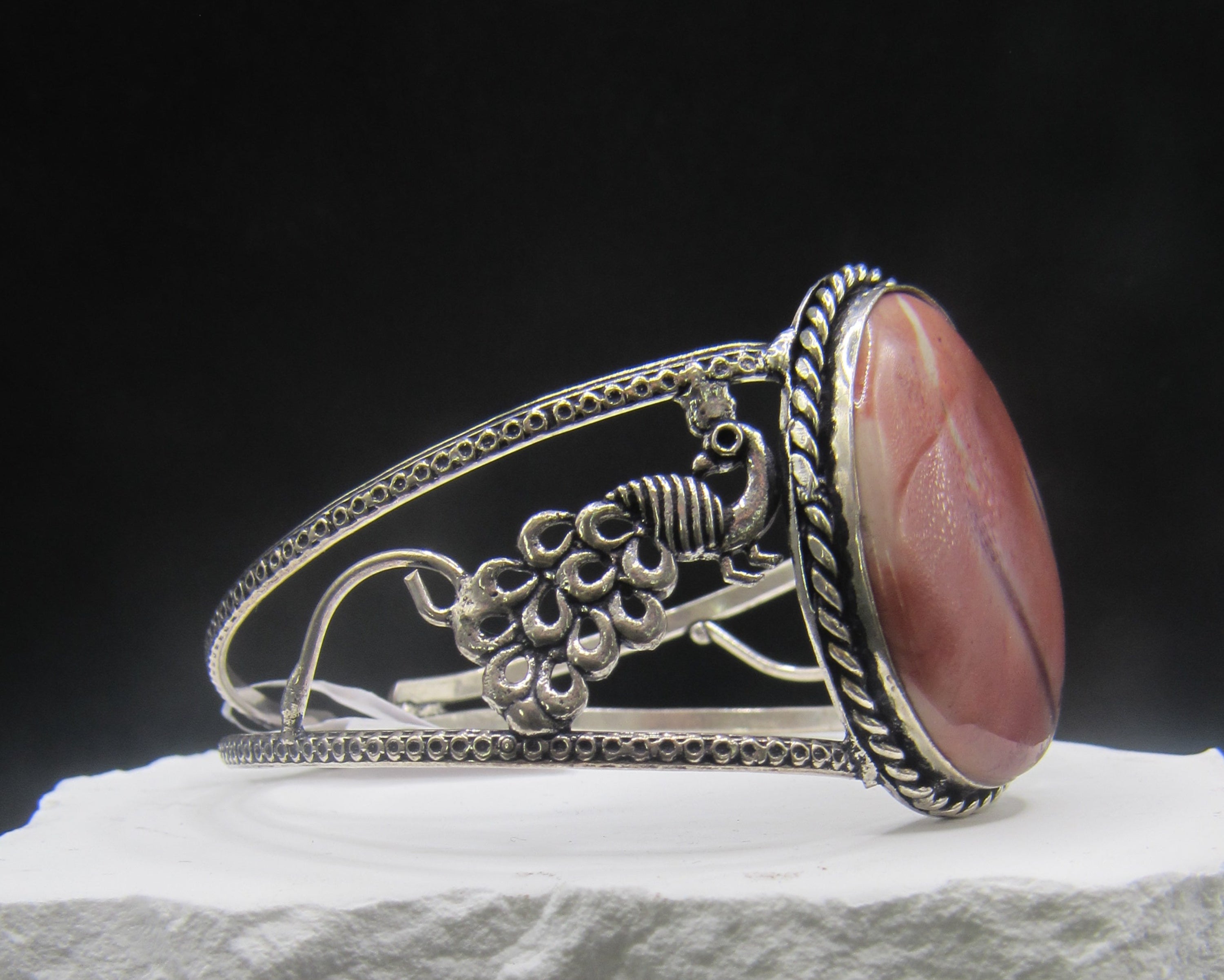 The Rose Plume Cuff — Oval Pink Opal & Silver Peacock Wrist Cuff