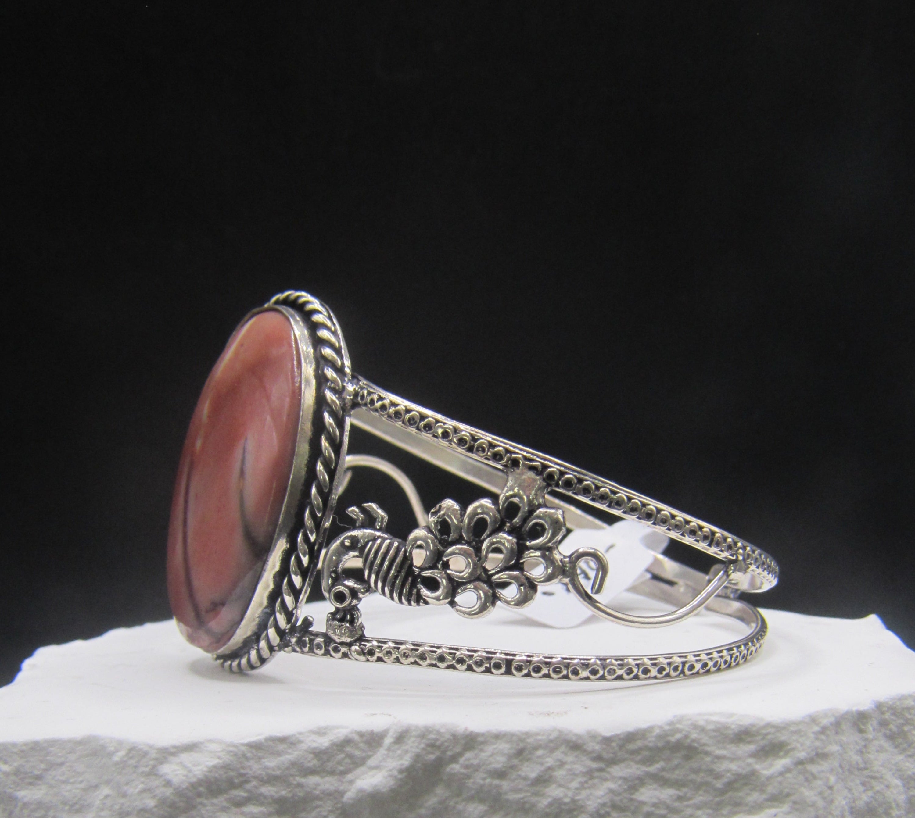 The Rose Plume Cuff — Oval Pink Opal & Silver Peacock Wrist Cuff