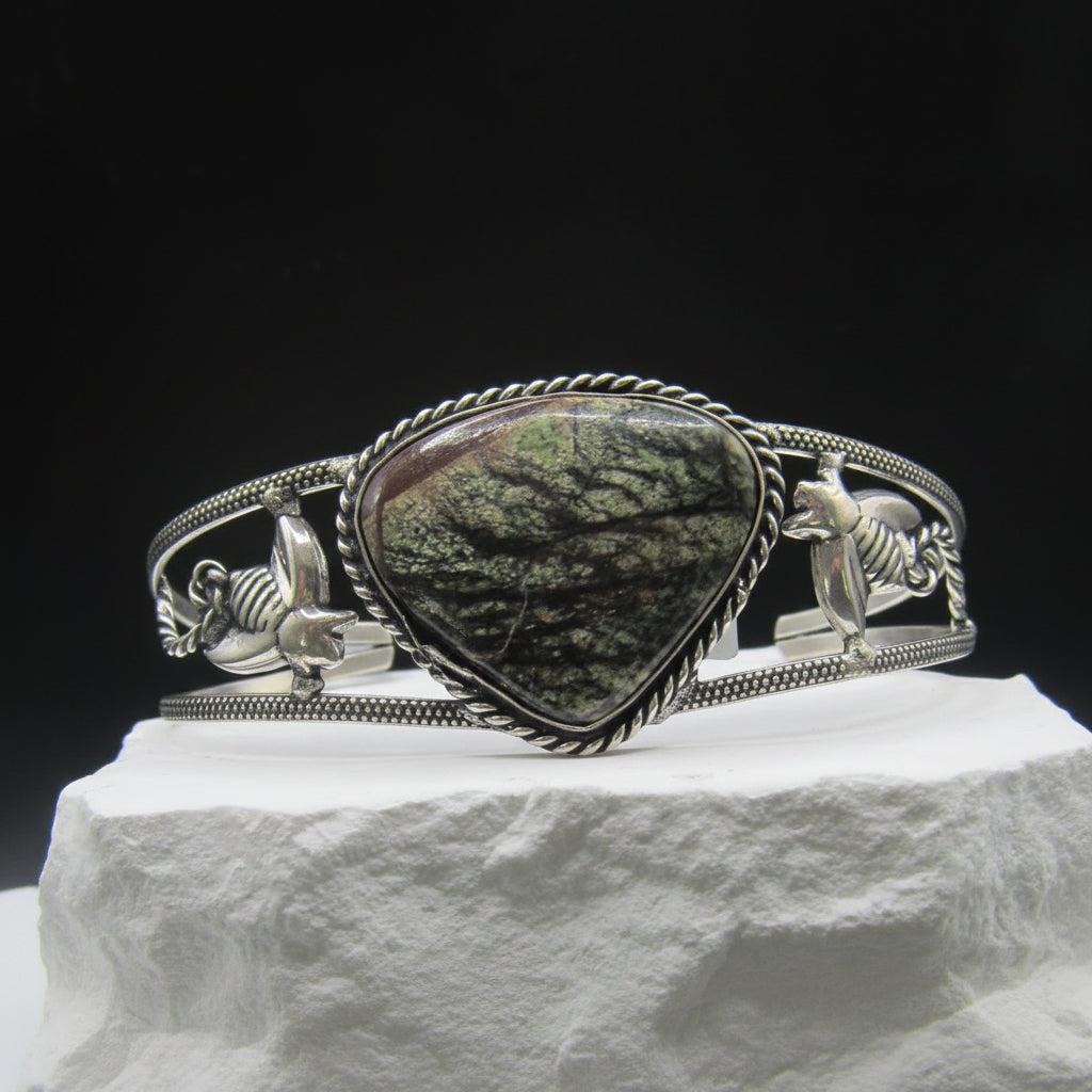 The Dragon's Hive Cuff II — Oval Dragon Blood Jasper & Silver Bee Wrist Cuff