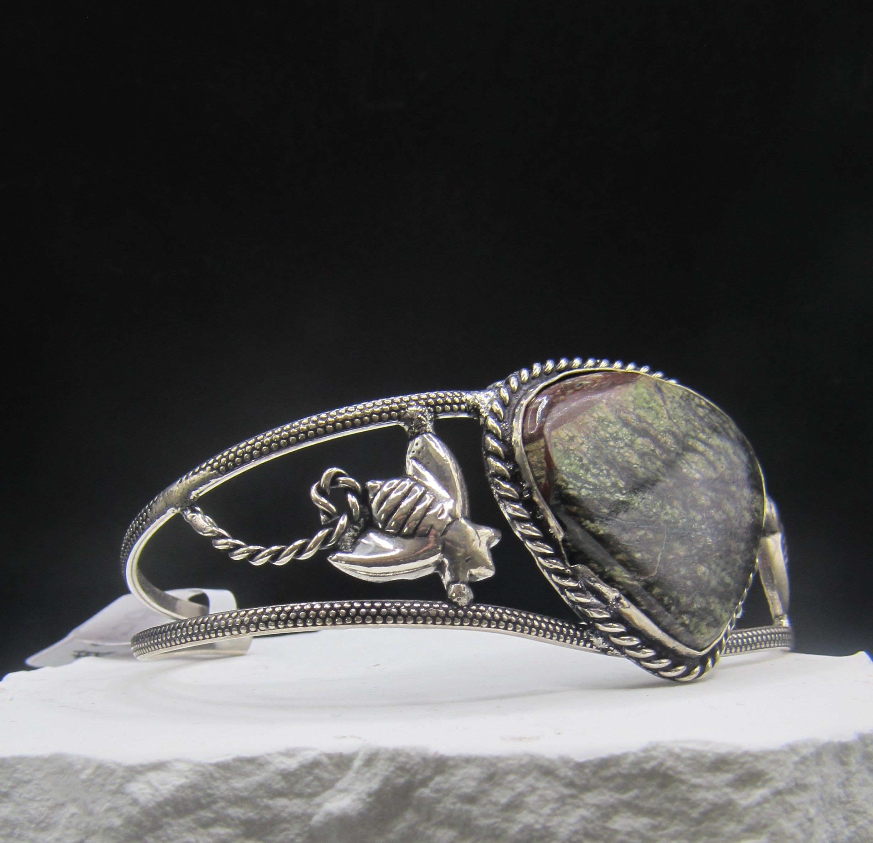 The Dragon's Hive Cuff II — Oval Dragon Blood Jasper & Silver Bee Wrist Cuff