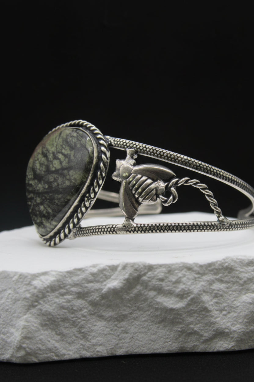 The Dragon's Hive Cuff II — Oval Dragon Blood Jasper & Silver Bee Wrist Cuff