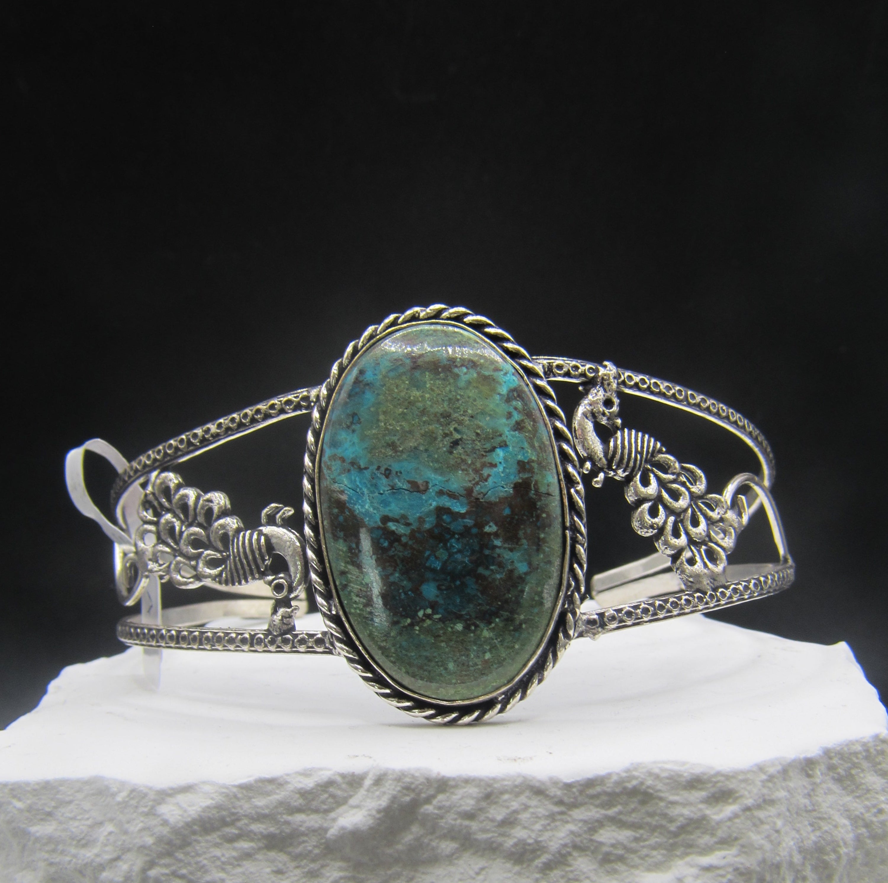 The Plume Cuff — Oval Amazonite & Silver Peacock Wrist Cuff