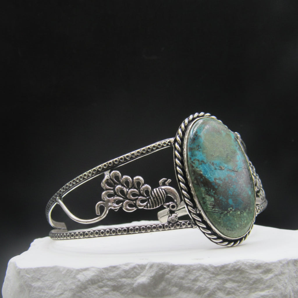 The Plume Cuff — Oval Amazonite & Silver Peacock Wrist Cuff