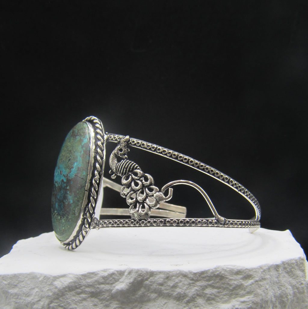 The Plume Cuff — Oval Amazonite & Silver Peacock Wrist Cuff
