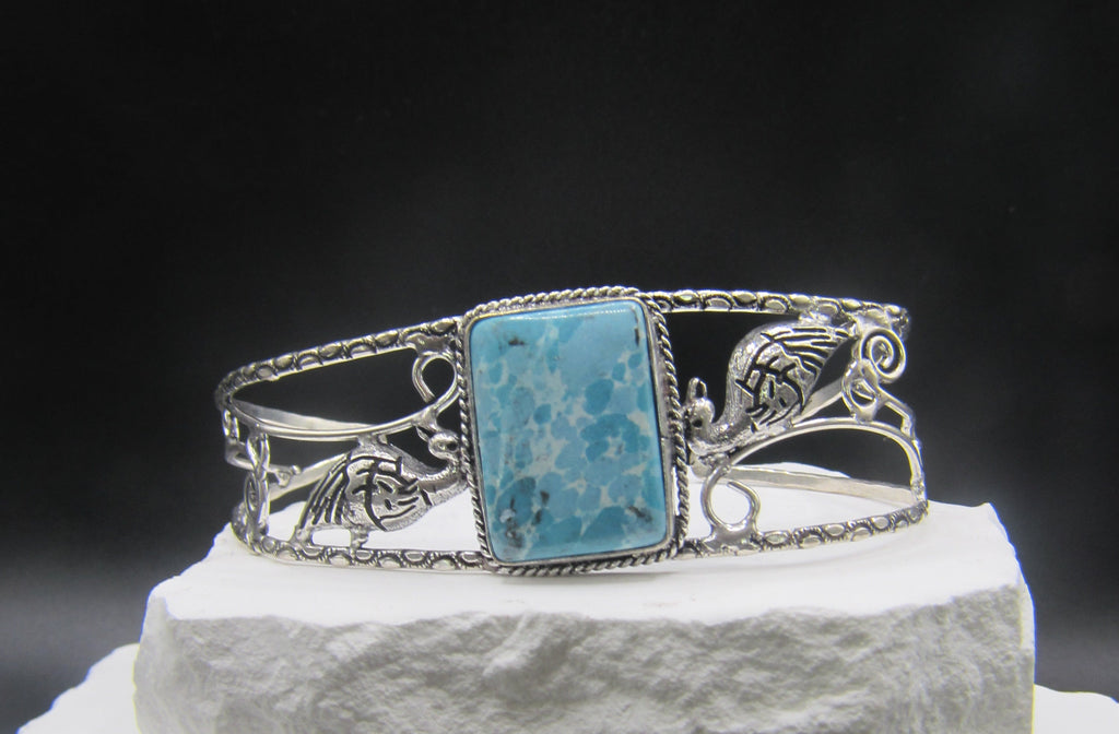 The Plume Court Cuff — Square Turquoise & Silver Peacock Wrist Cuff