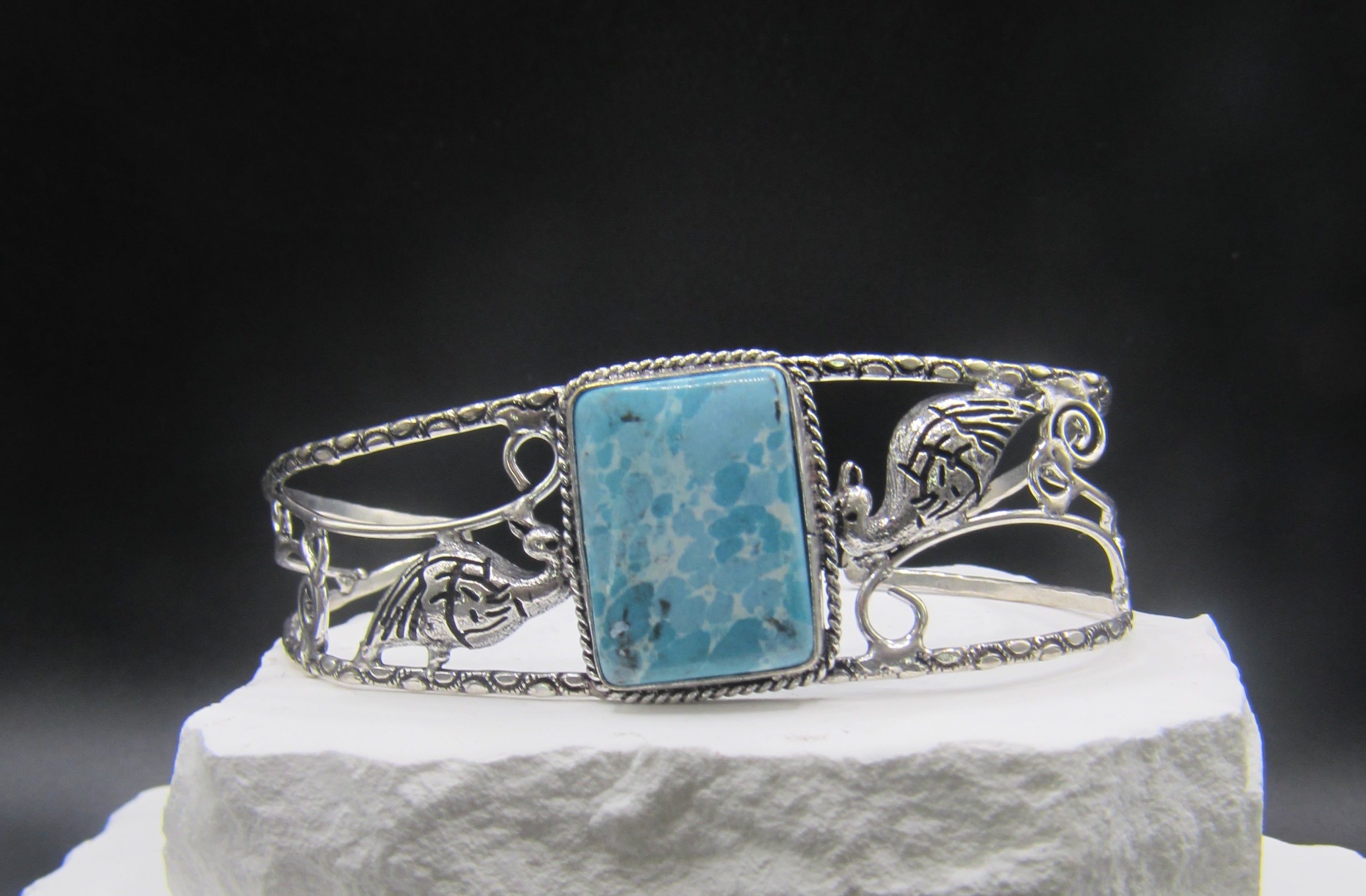The Plume Court Cuff — Square Turquoise & Silver Peacock Wrist Cuff