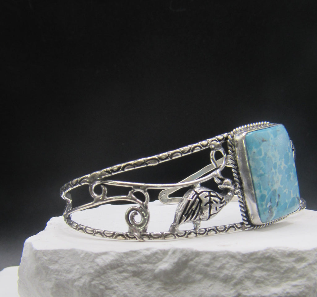 The Plume Court Cuff — Square Turquoise & Silver Peacock Wrist Cuff