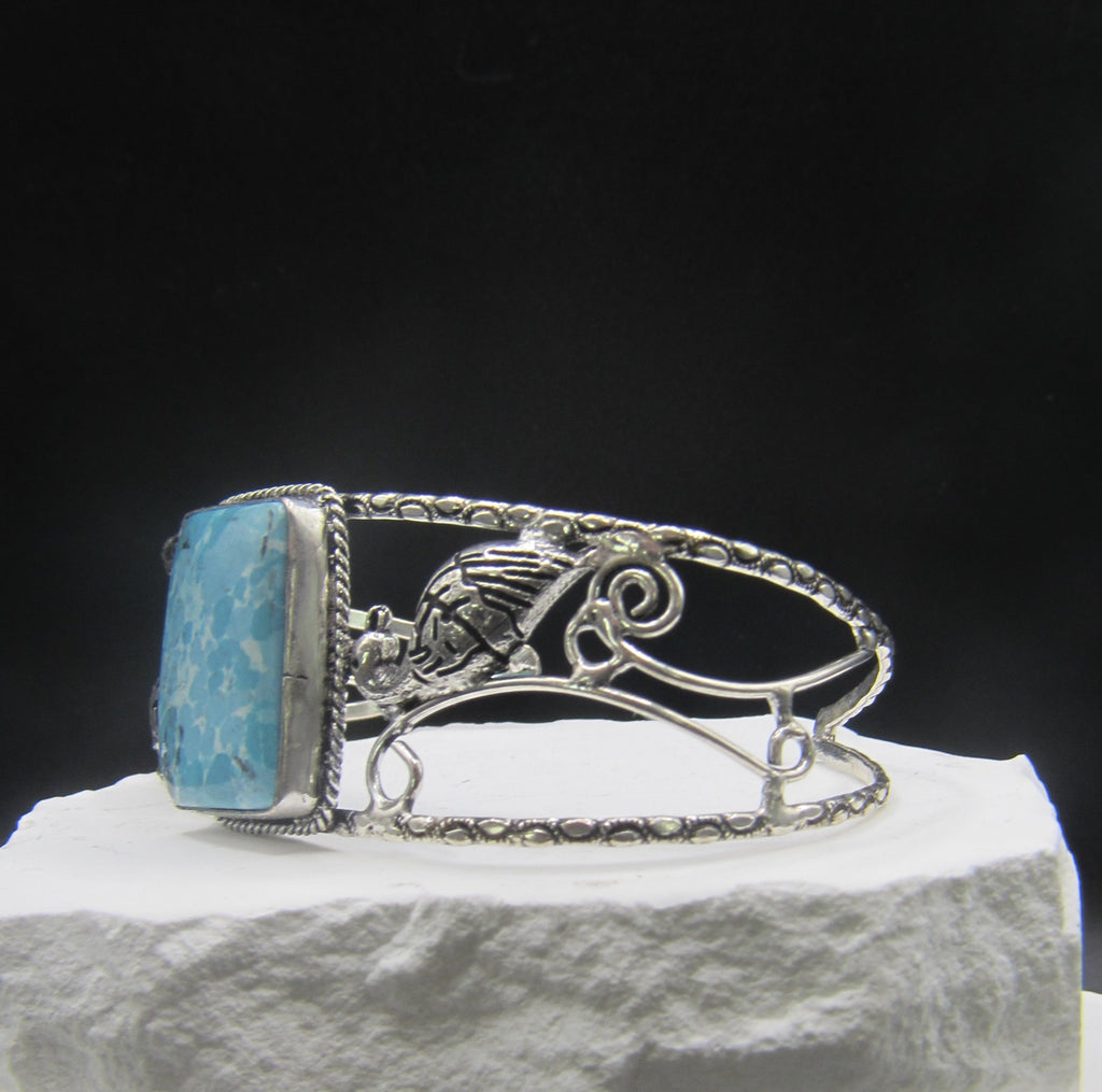 The Plume Court Cuff — Square Turquoise & Silver Peacock Wrist Cuff