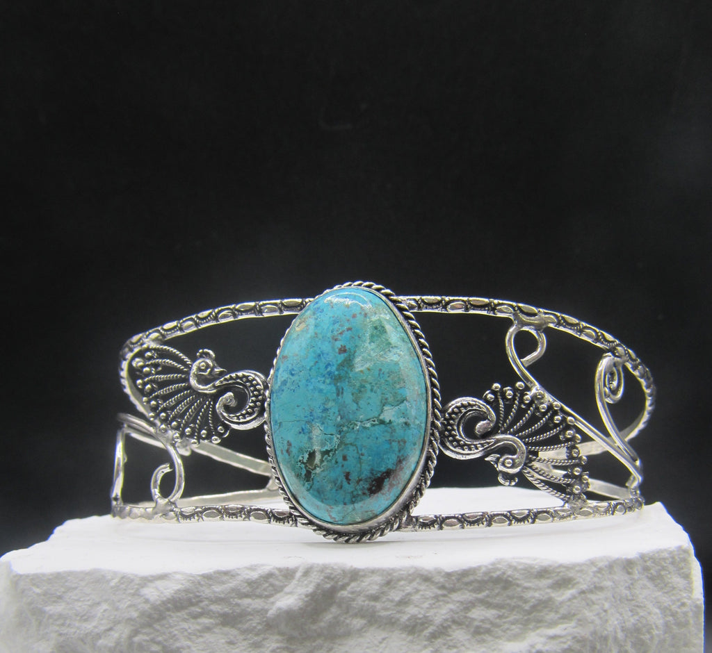 The Plume Crest Cuff — Oval Turquoise & Silver Peacock Wrist Cuff