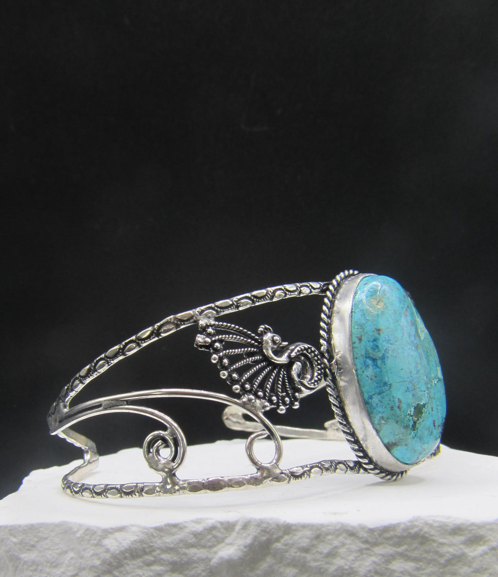 The Plume Crest Cuff — Oval Turquoise & Silver Peacock Wrist Cuff
