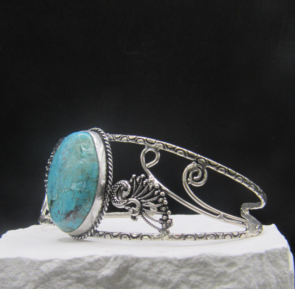The Plume Crest Cuff — Oval Turquoise & Silver Peacock Wrist Cuff