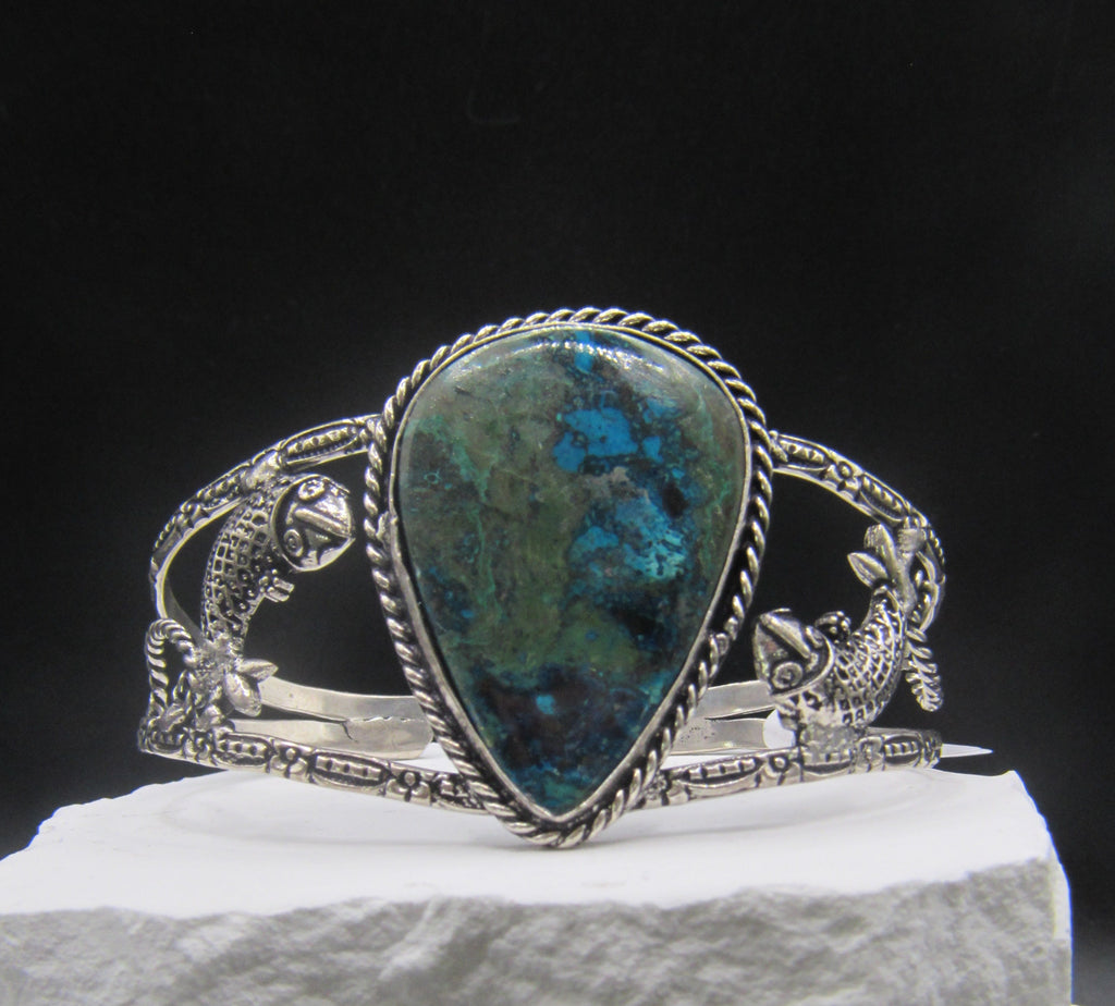 The Koi Cuff — Oval Shattuckite & Silver Koi Fish Wrist Cuff