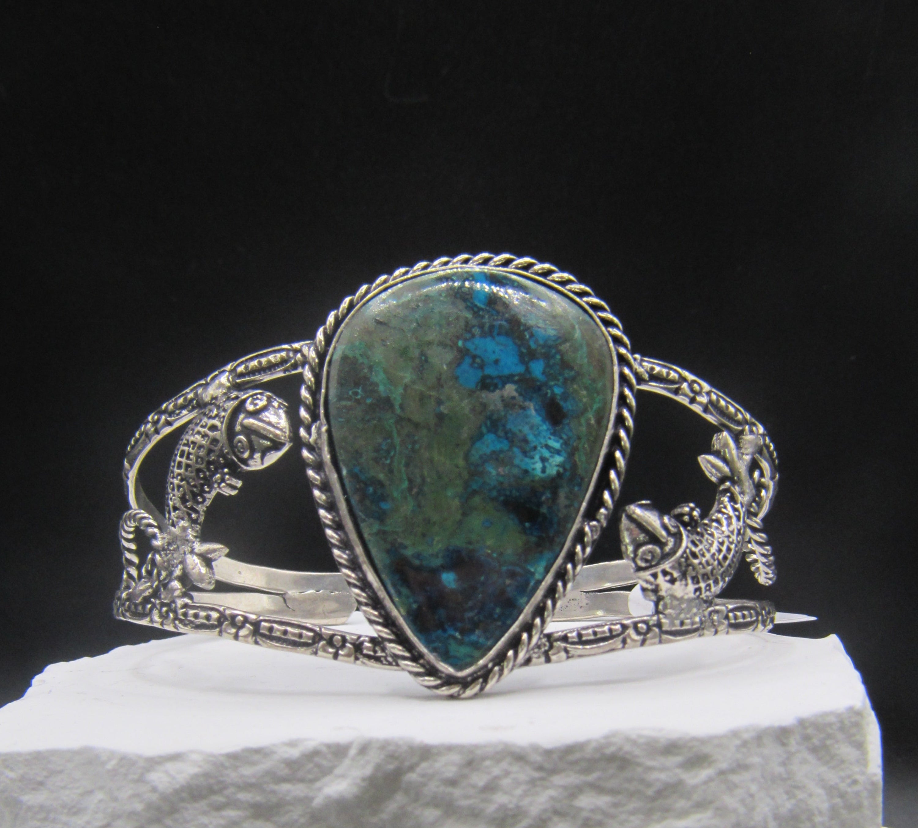 The Koi Cuff — Oval Shattuckite & Silver Koi Fish Wrist Cuff