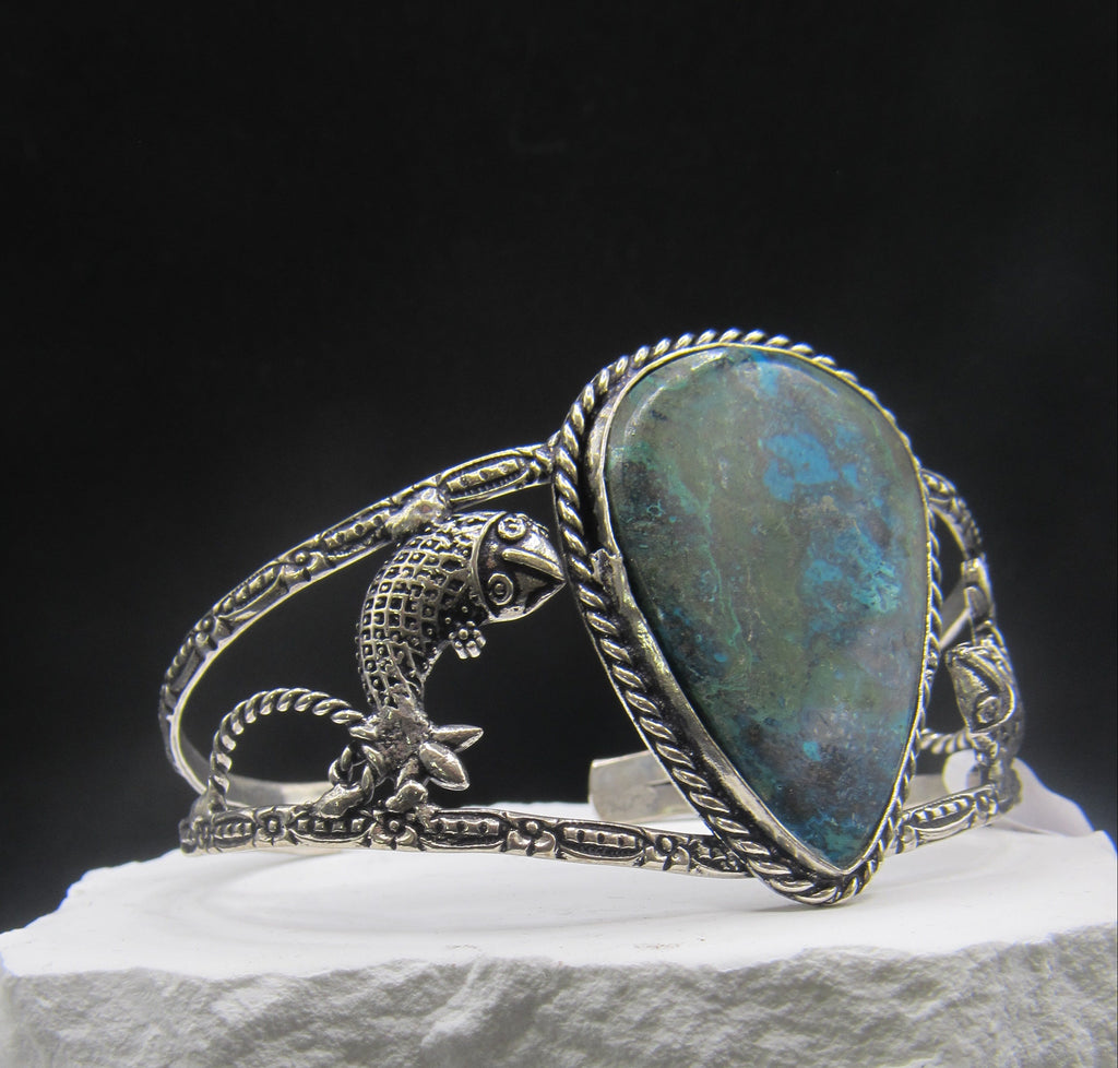 The Koi Cuff — Oval Shattuckite & Silver Koi Fish Wrist Cuff