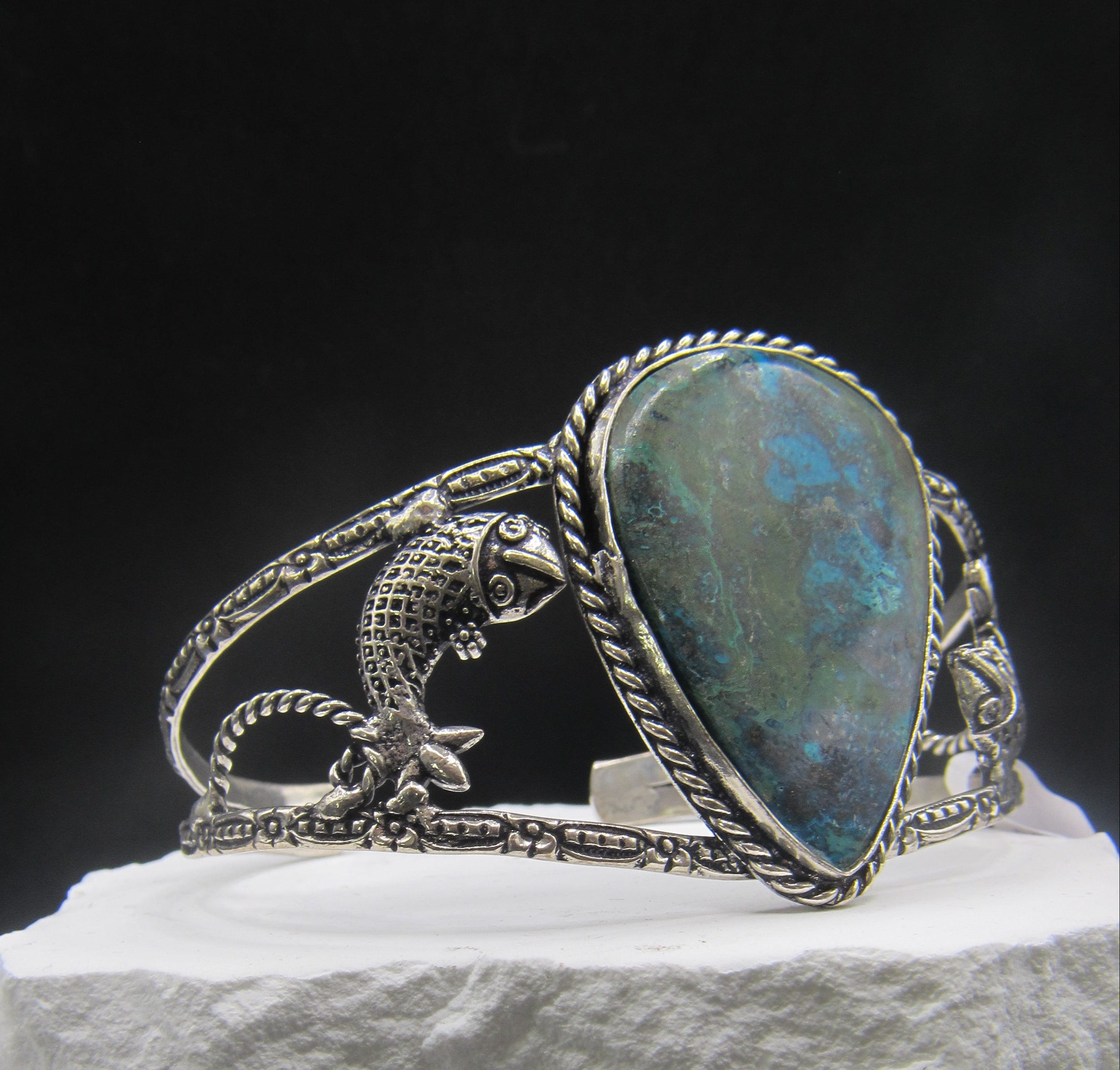 The Koi Cuff — Oval Shattuckite & Silver Koi Fish Wrist Cuff