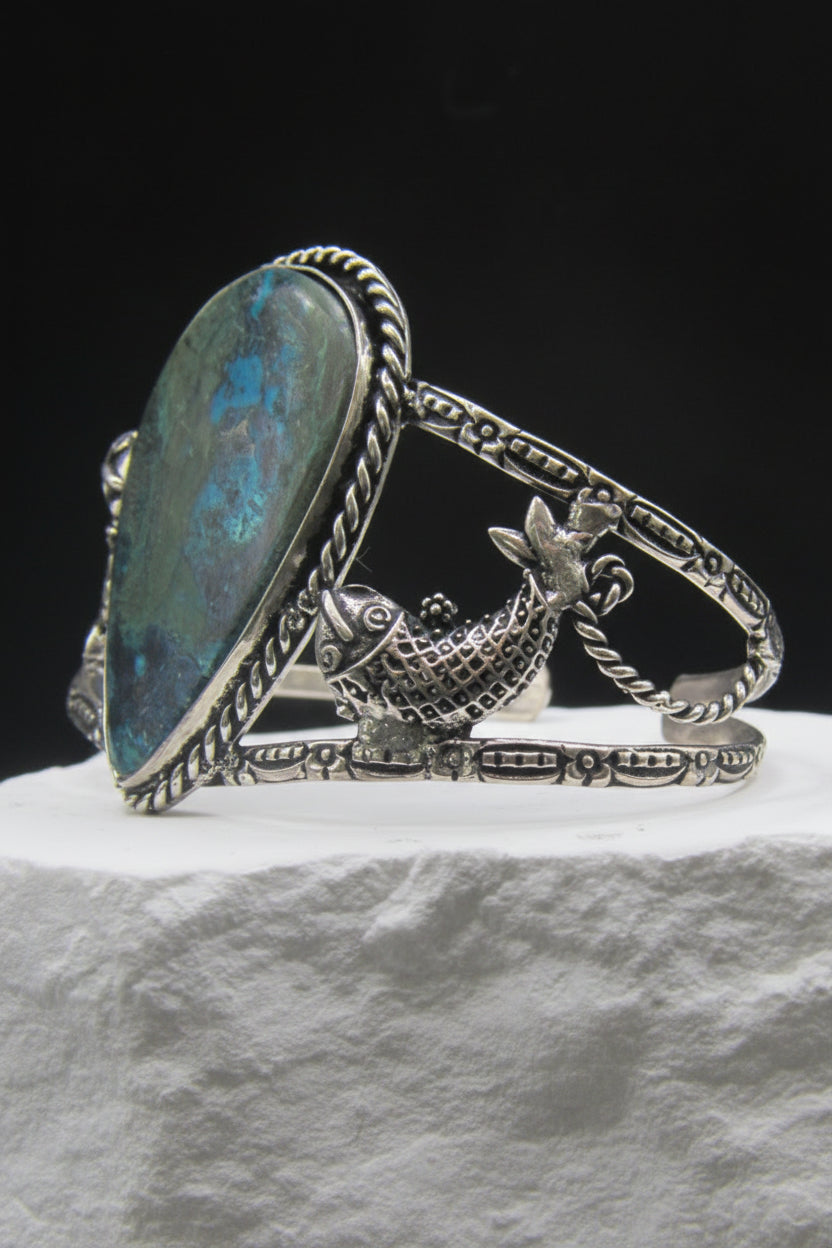 The Koi Cuff — Oval Shattuckite & Silver Koi Fish Wrist Cuff