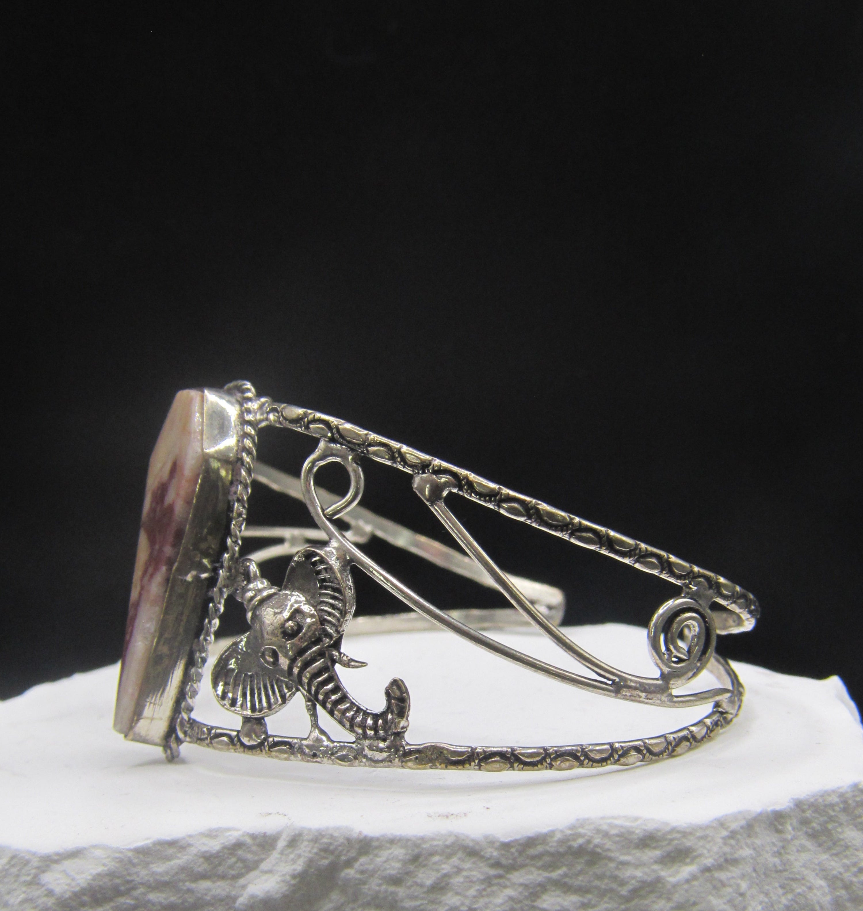 The Ganesh Cuff — V shaped Malachite & Silver Elephant Head Wrist Cuff