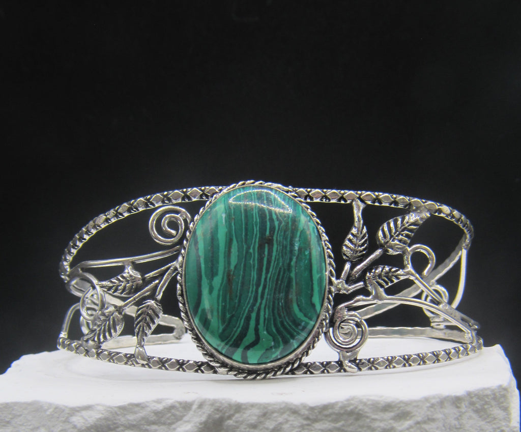 The Forest Floor Cuff — Oval Green Malachite & Silver Leaf Wrist Cuff