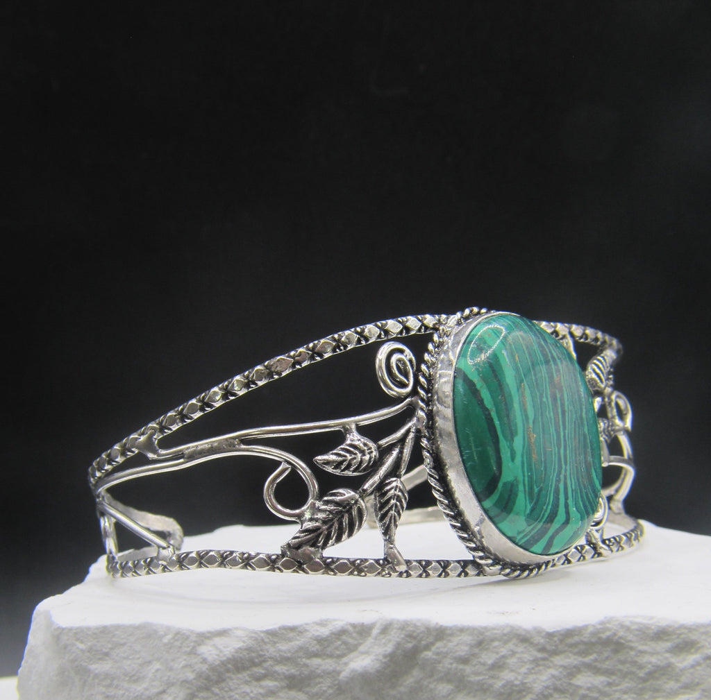 The Forest Floor Cuff — Oval Green Malachite & Silver Leaf Wrist Cuff