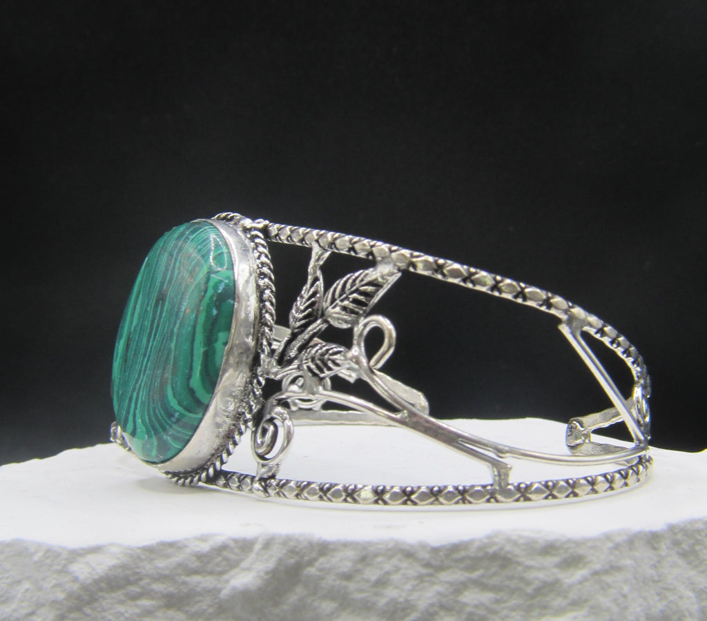 The Forest Floor Cuff — Oval Green Malachite & Silver Leaf Wrist Cuff