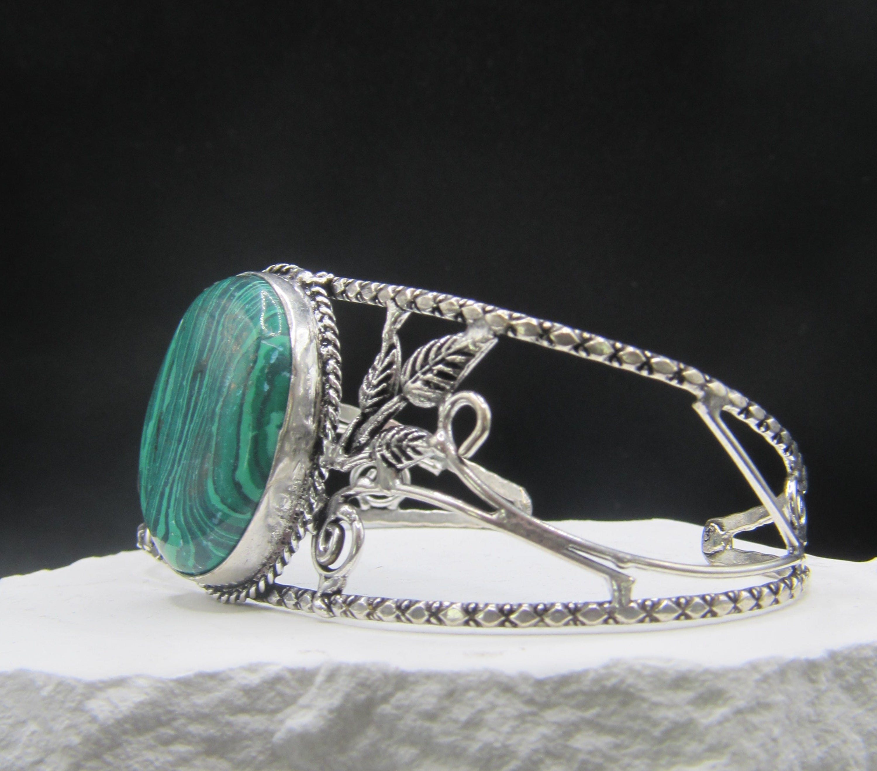 The Forest Floor Cuff — Oval Green Malachite & Silver Leaf Wrist Cuff