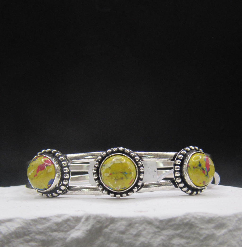The Trio Cuff — Triple Round Yellow Mosaic Stone & Silver Wrist Cuff