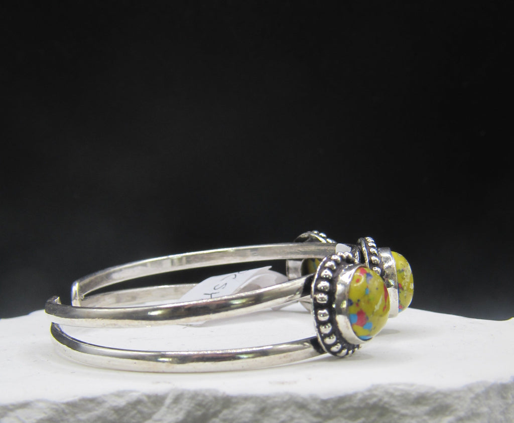 The Trio Cuff — Triple Round Yellow Mosaic Stone & Silver Wrist Cuff