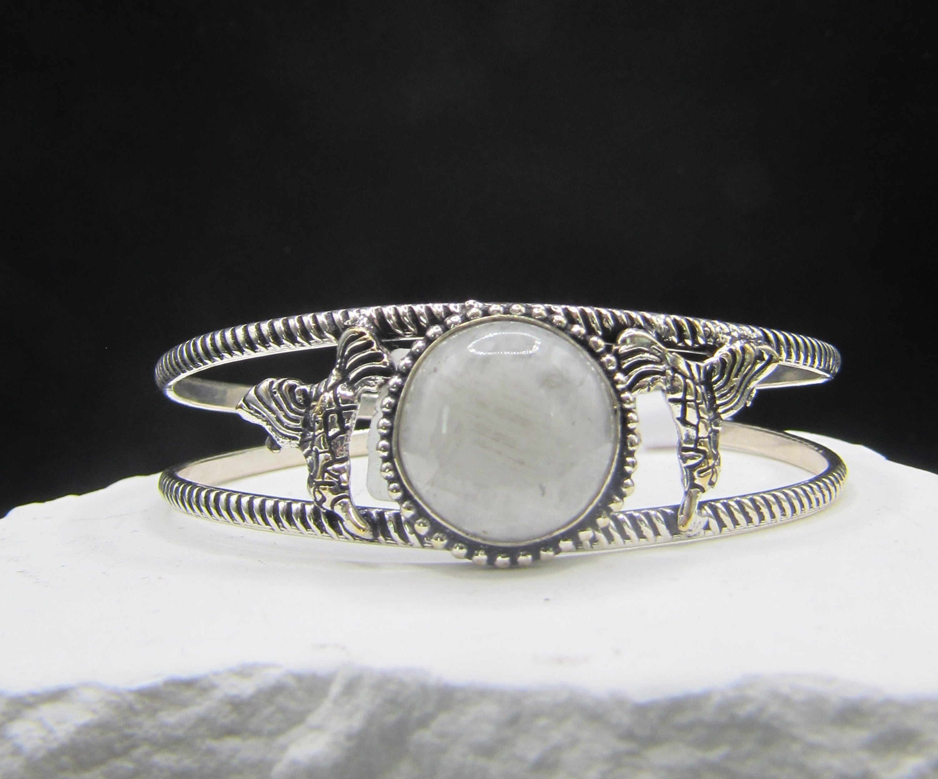 The Luna Cuff — Rainbow Moonstone & Silver Wrist Cuff