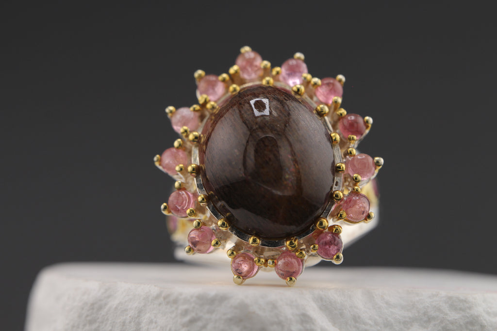 Moonlit Cat's Eye Sunstone & Rhodolite Garnet Halo Ring