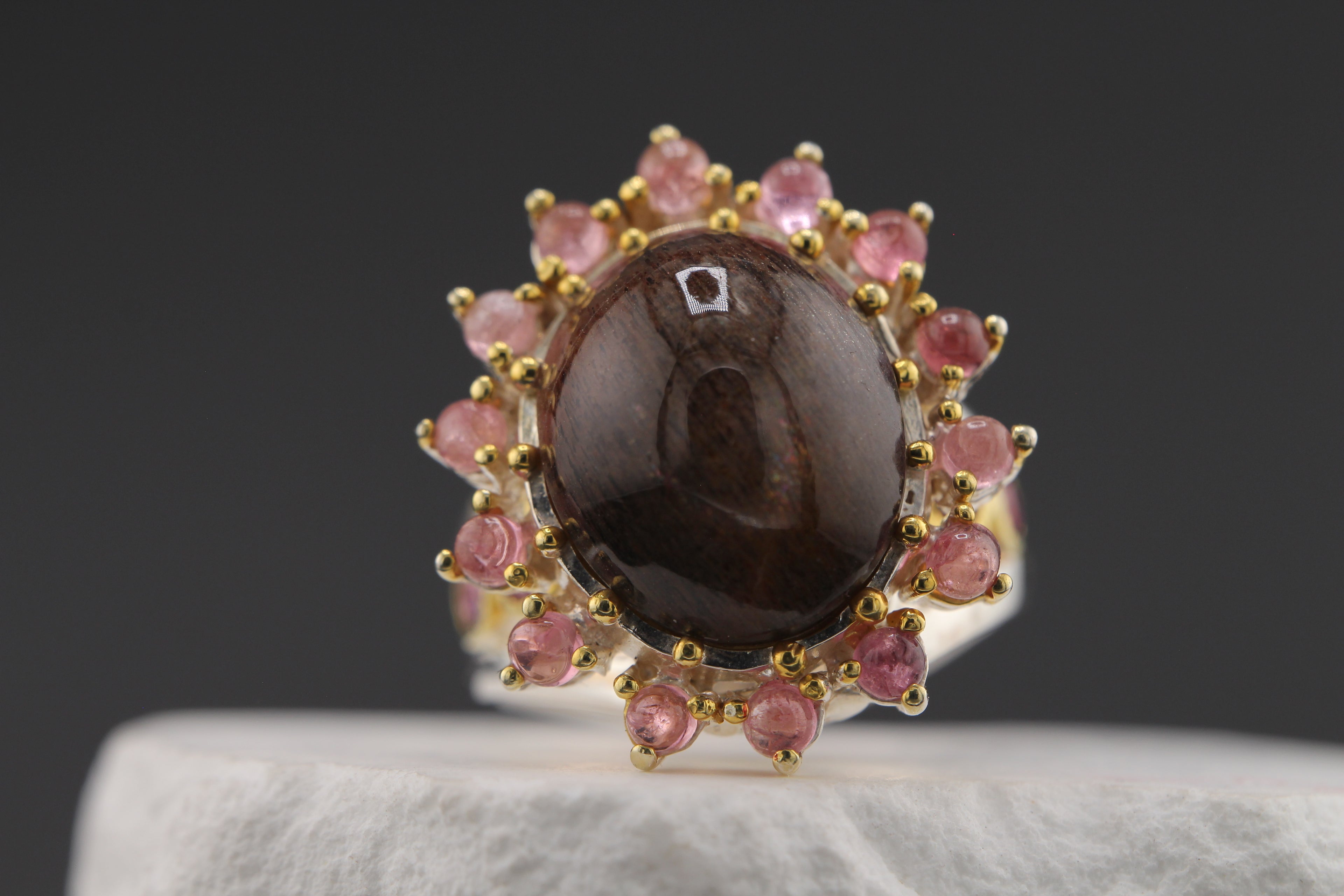 Moonlit Cat's Eye Sunstone & Rhodolite Garnet Halo Ring