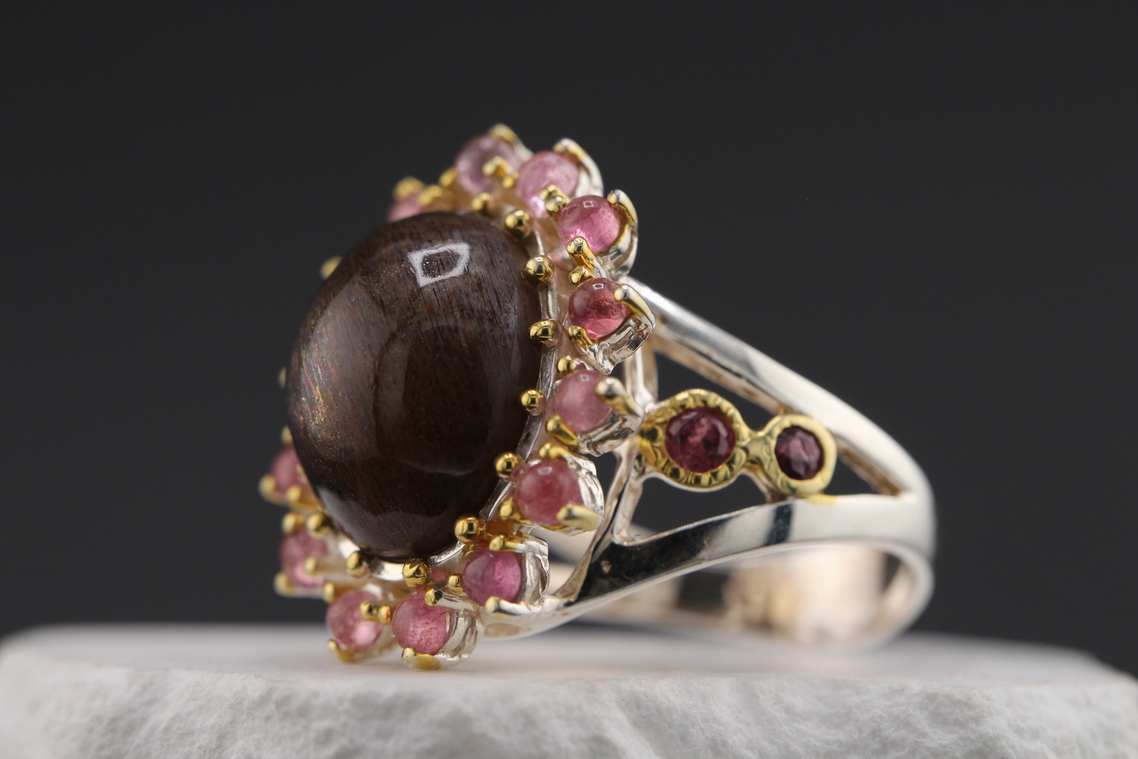 Moonlit Cat's Eye Sunstone & Rhodolite Garnet Halo Ring
