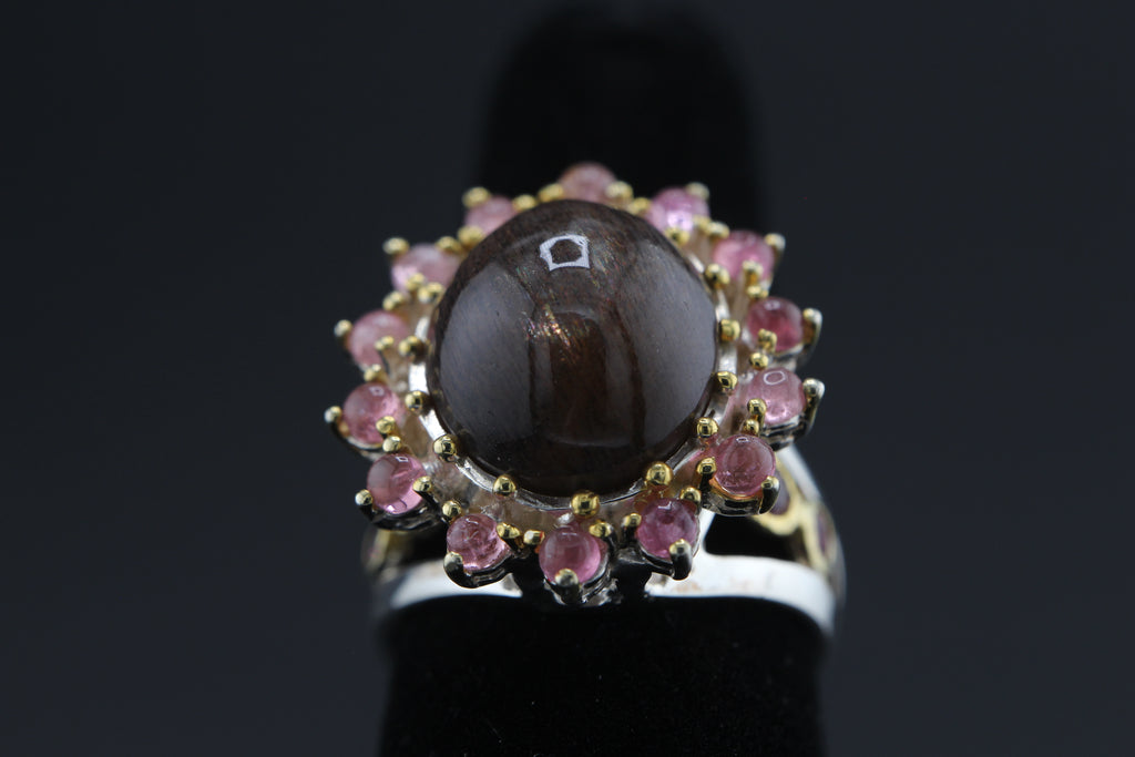 Moonlit Cat's Eye Sunstone & Rhodolite Garnet Halo Ring