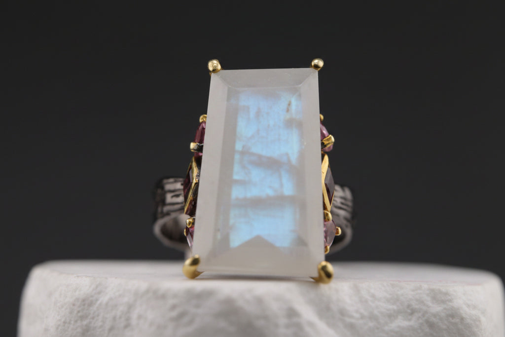 Midnight Bloom Moonstone & Rhodolite Garnet Ring