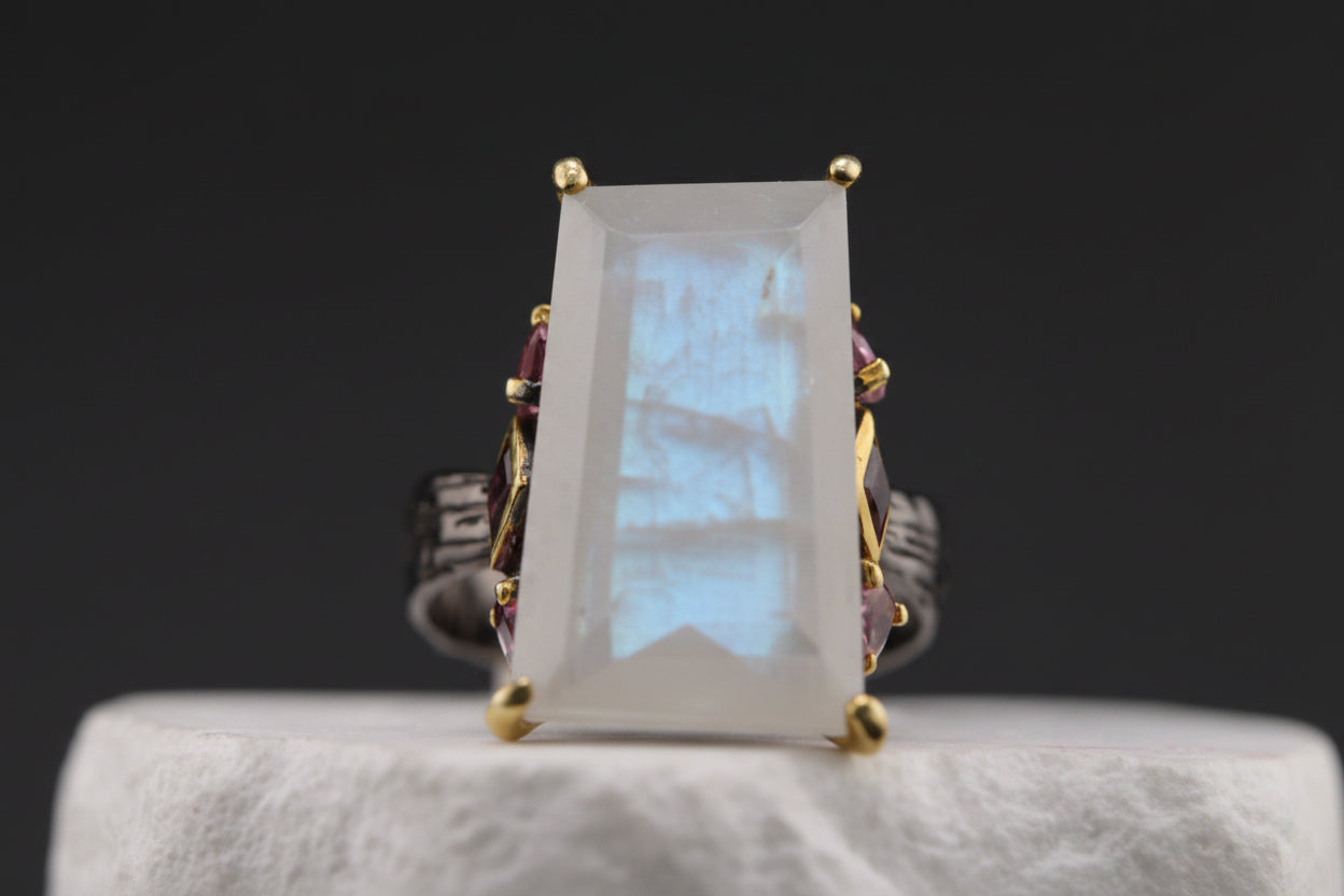 Midnight Bloom Moonstone & Rhodolite Garnet Ring