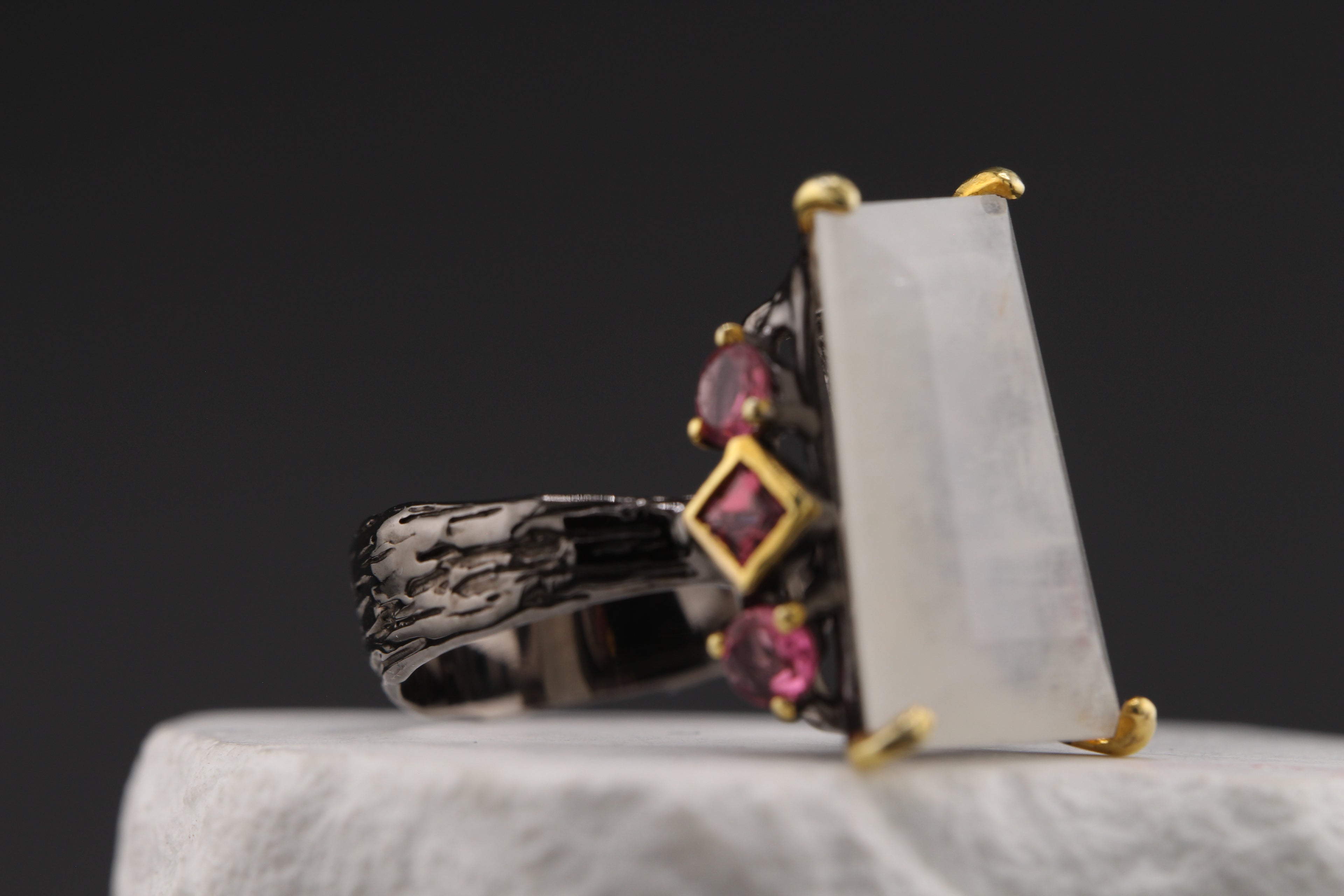 Midnight Bloom Moonstone & Rhodolite Garnet Ring
