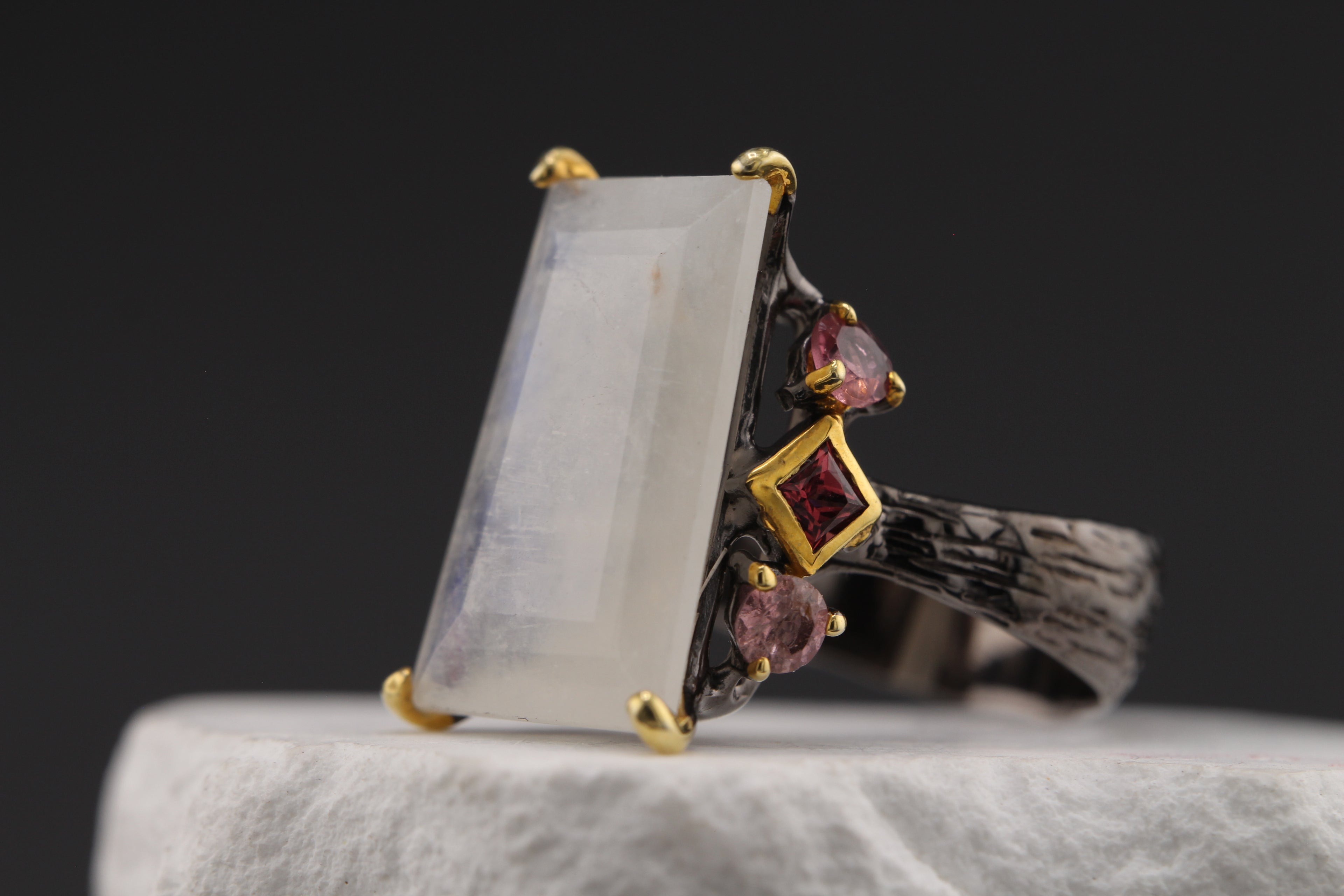 Midnight Bloom Moonstone & Rhodolite Garnet Ring