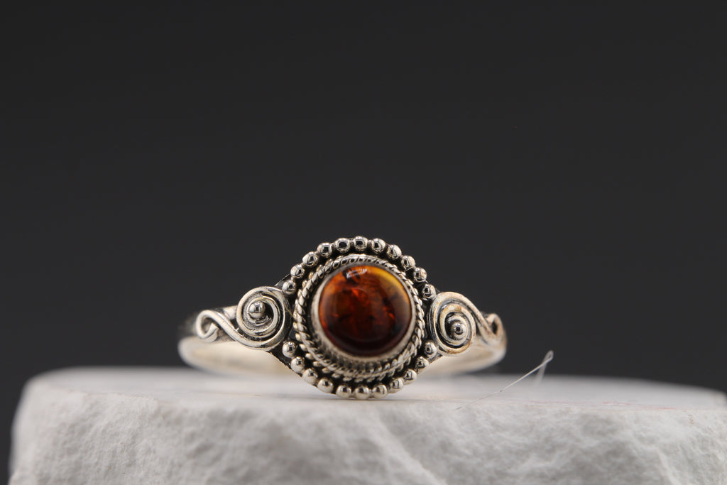 Solstice Ember Ring — Round Amber & Sterling Silver, Size 10