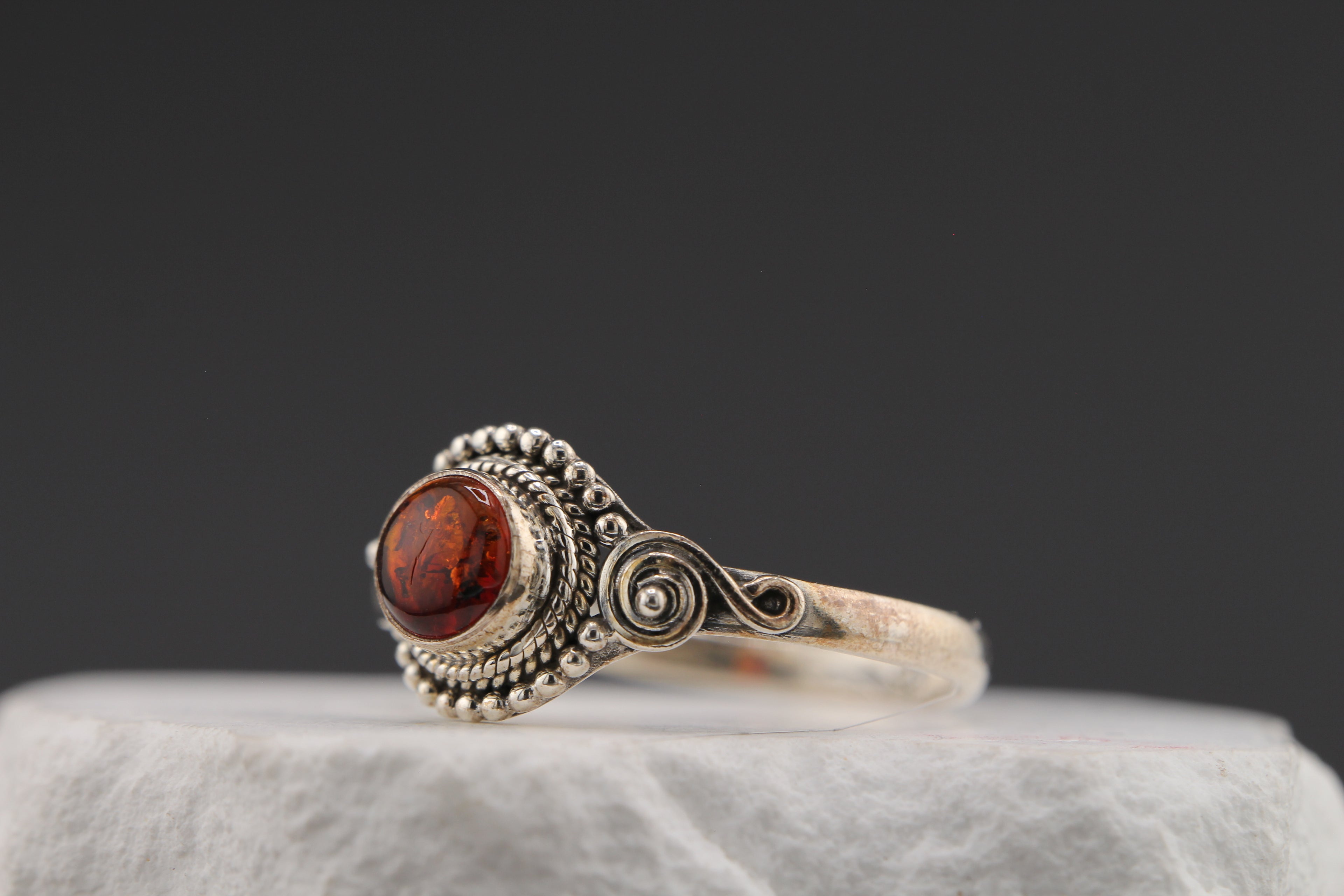 Solstice Ember Ring — Round Amber & Sterling Silver, Size 10