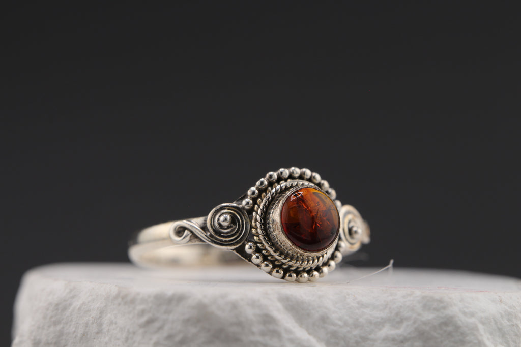 Solstice Ember Ring — Round Amber & Sterling Silver, Size 10