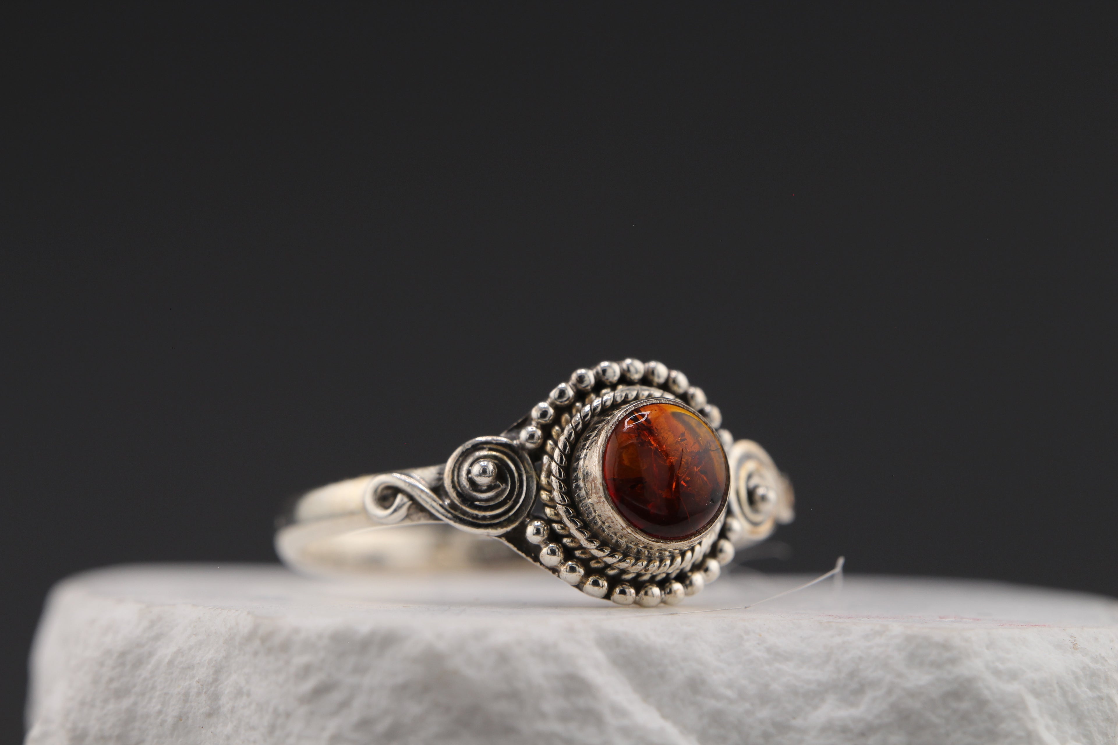 Solstice Ember Ring — Round Amber & Sterling Silver, Size 10